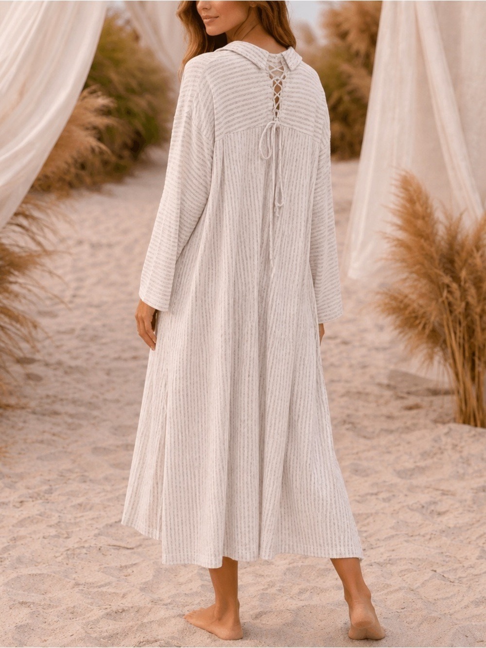 Free People Beach White Gray Stripe Midi Dress Kaftan Swim Cover Pockets large - Picture 3 of 8